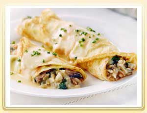 Herbed Crepes with Cheese, Rice, Spinach and Mushrooms