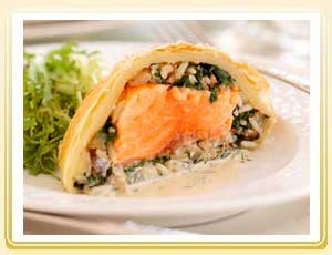 Salmon and Rice Stuffed Pastry with Dill Sauce